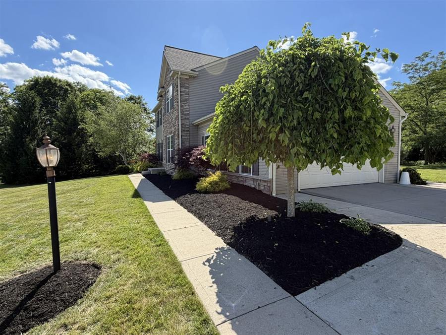 Front bed with a weeping tree and lamp post along a drive